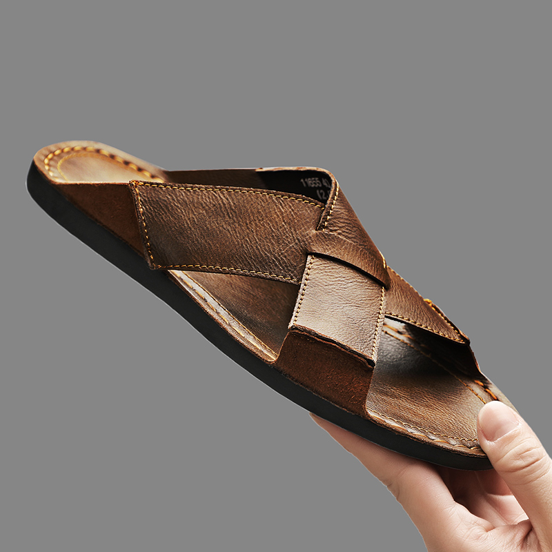 Men'S Shoes Top Brands - Fashion Genuine Leather Men Slippers Summer
